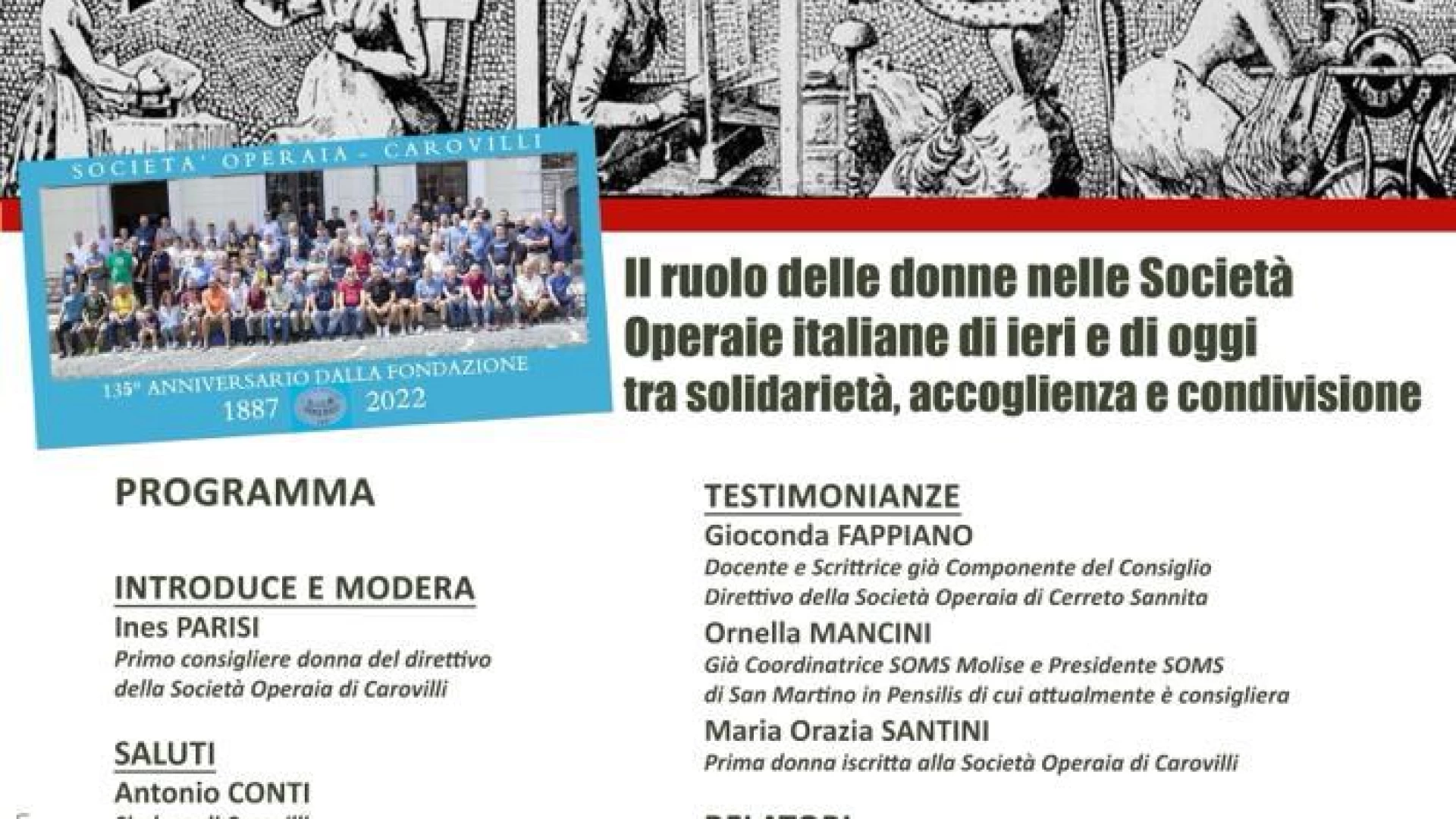 Carovilli: nel pomeriggio il convegno sul ruolo delle donne nelle società Operaie Italiane.